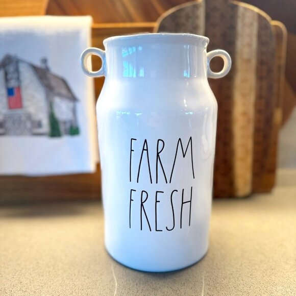 Rae Dunn FARM FRESH Milk Jug Vase — 9.5" Farmhouse Decor - Picture 1 of 8